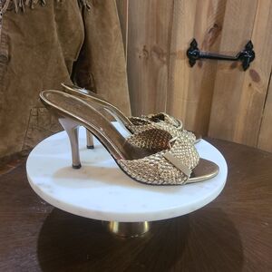 Y2k Woven Metallic Gold Slingback Heeled Mules